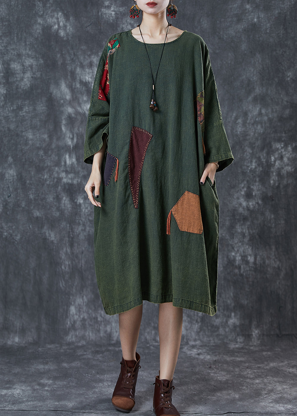 Art Green Oversized Patchwork Applique Linen Dress Batwing Sleeve