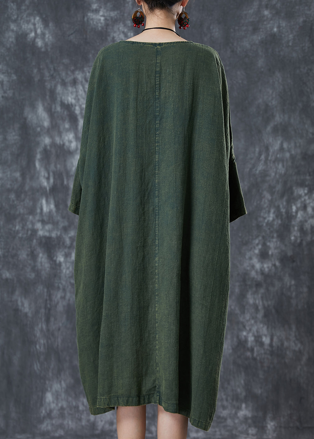 Art Green Oversized Patchwork Applique Linen Dress Batwing Sleeve