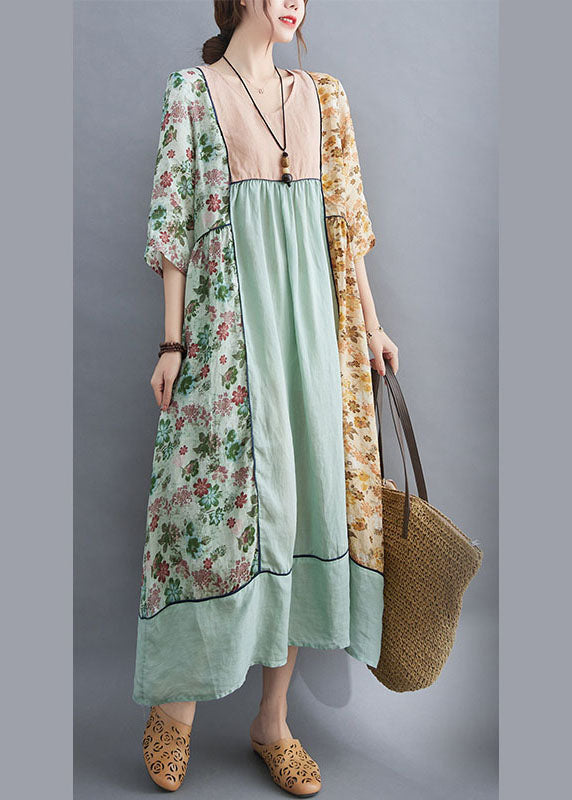 Art Green Patchwork Print Loose Fall Robe Dresses Half Sleeve