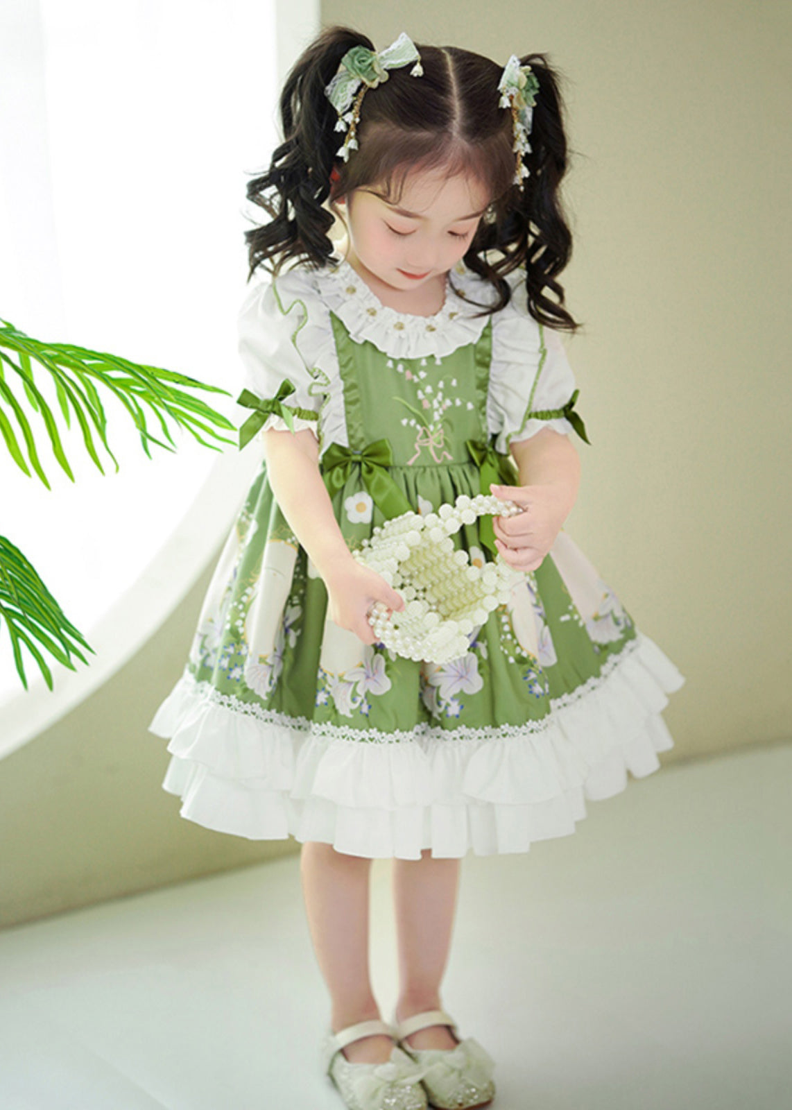 Art Green Ruffled Patchwork Print Cotton Baby Girls Dresses Summer