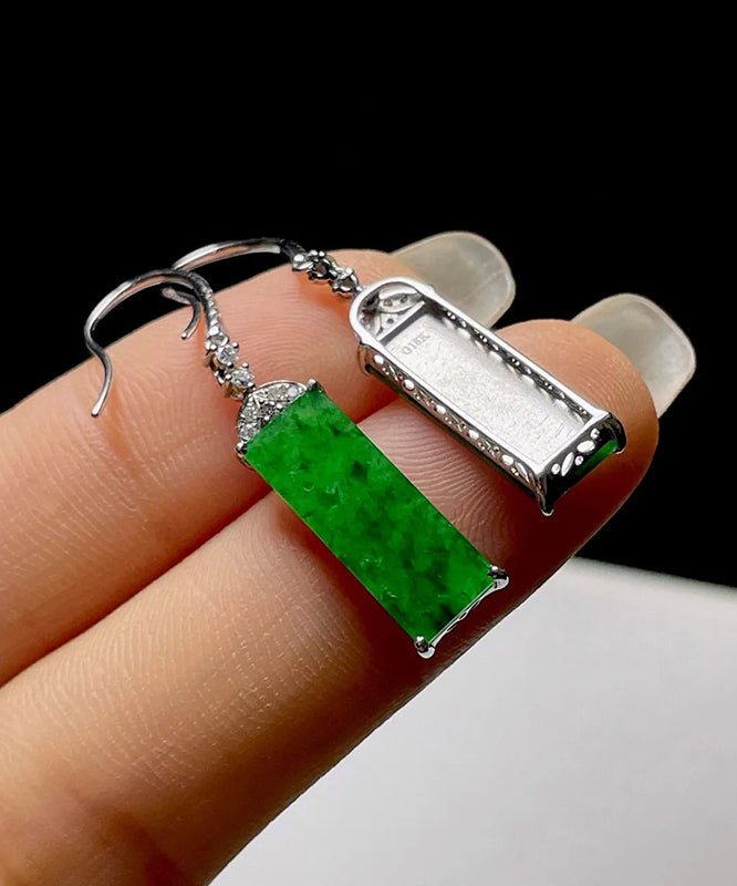 Art Green Sterling Silver Inlaid Zircon Rectangular Jade Drop Earrings