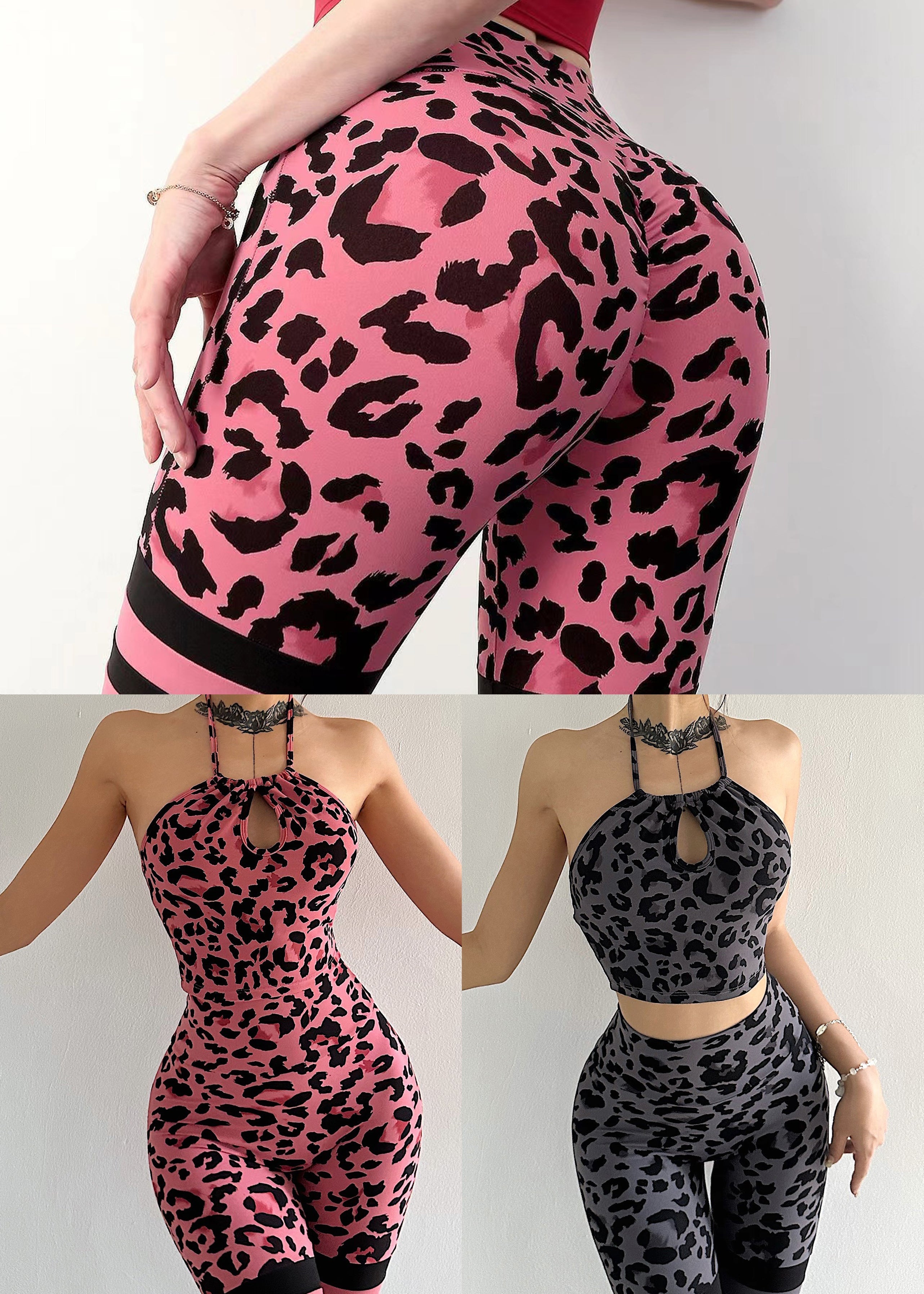 Art Grey Leopard Butt Scrunch Sports Bra And Leggings Set Suit Running Leggings