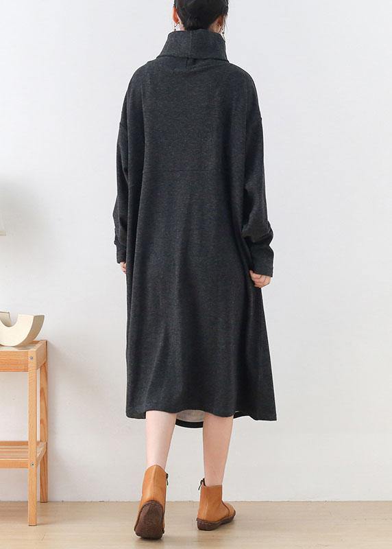 Art Grey Pockets Patchwork Fall Long Sleeve Robe Dresses