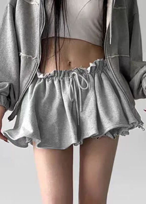 Art Grey Ruffled Lace Up Cotton Pants Skirt Summer