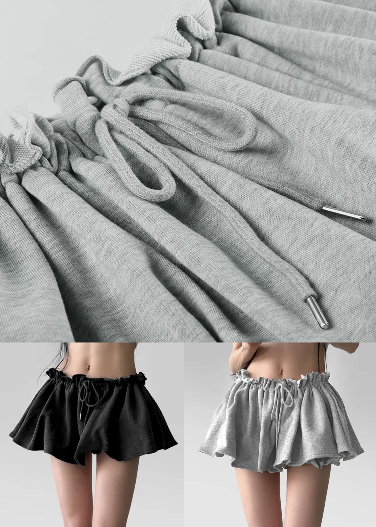 Art Grey Ruffled Lace Up Cotton Pants Skirt Summer