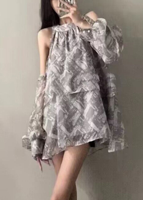 Art Grey Ruffled Print Cold Shoulder Shirt Sleeveless