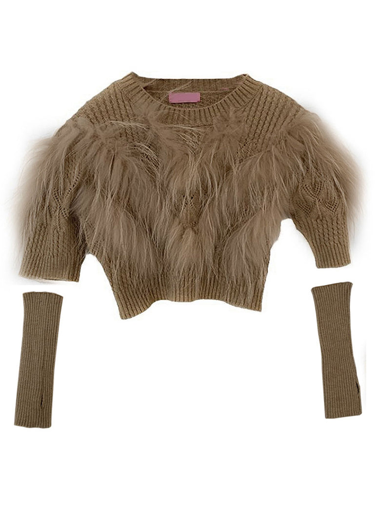 Art Khaki Leather And Fur Patchwork Knit Sweaters Winter