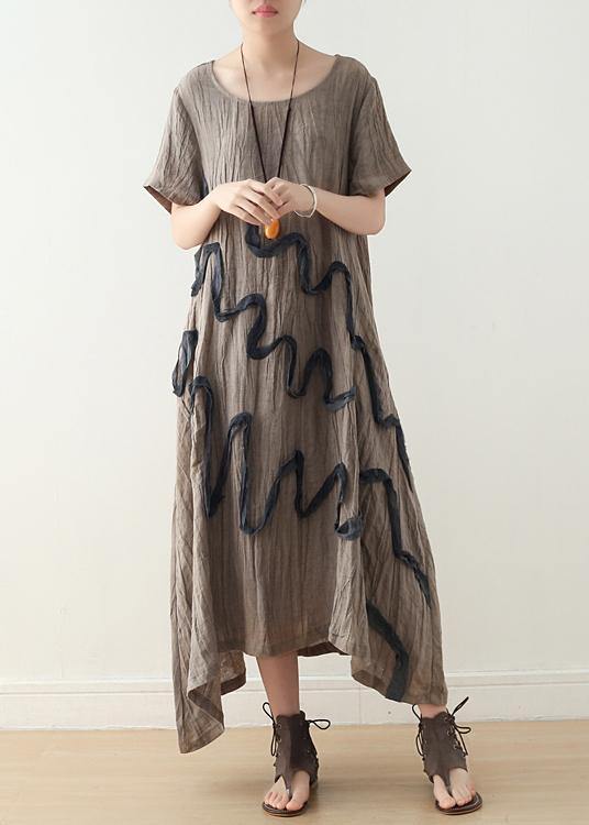 Art Khaki O-Neck Linen Summer Maxi Dresses