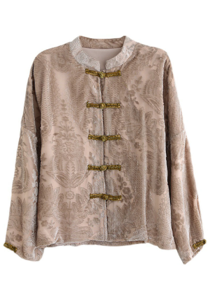 Art Khaki Stand Collar Jacquard Velour Shirt Long Sleeve