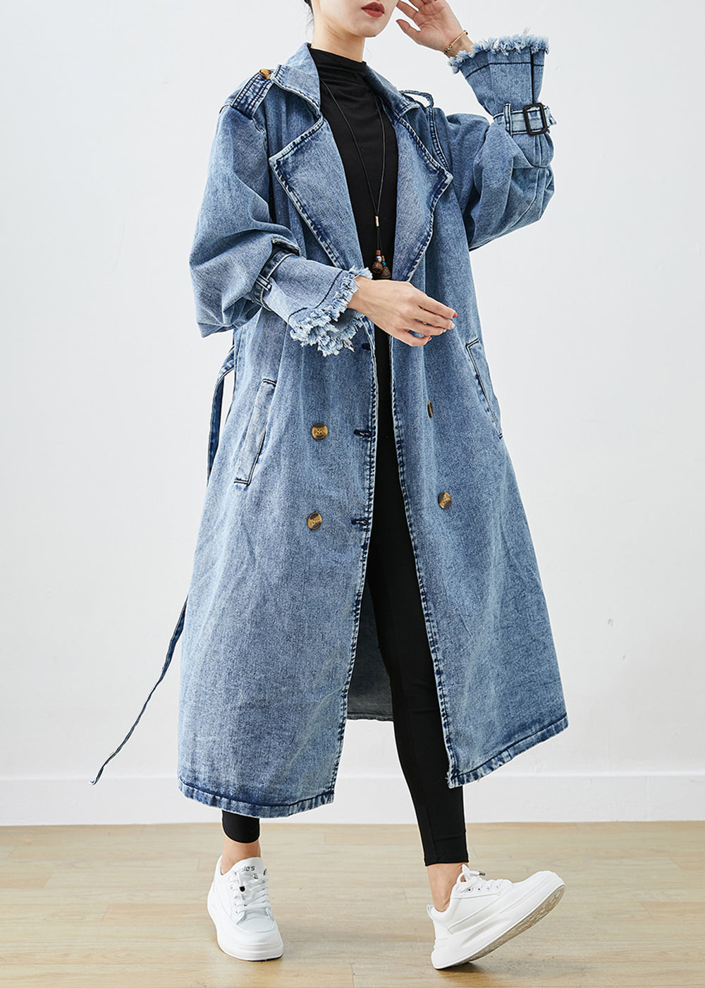 Art Light Blue Lapel Double Breast Denim Trench Coats Fall