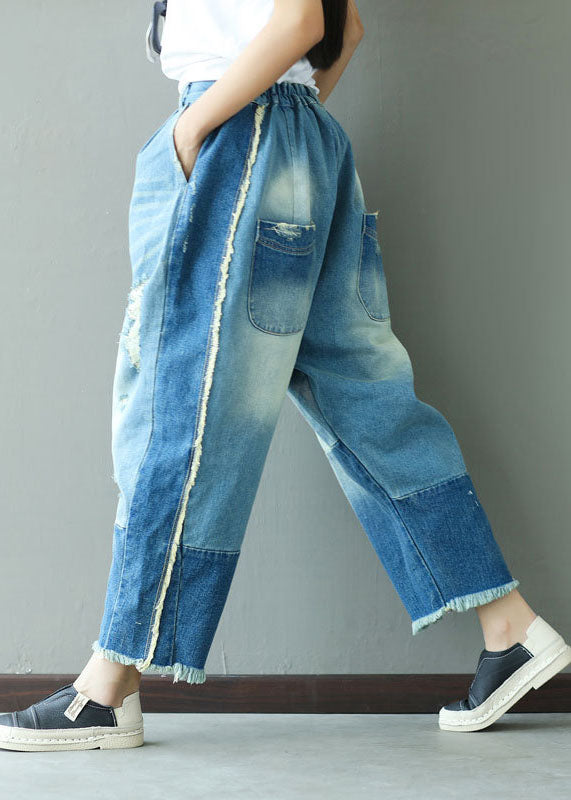 Art Light Blue Tasseled Pockets Patchwork Denim Pants Spring