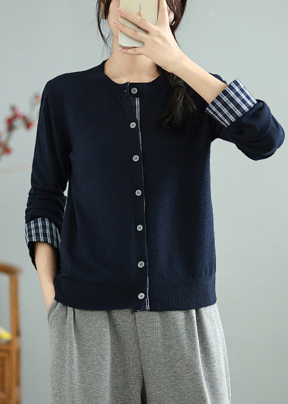 Art Navy Patchwork Knit Fake Two Piece Tops Spring