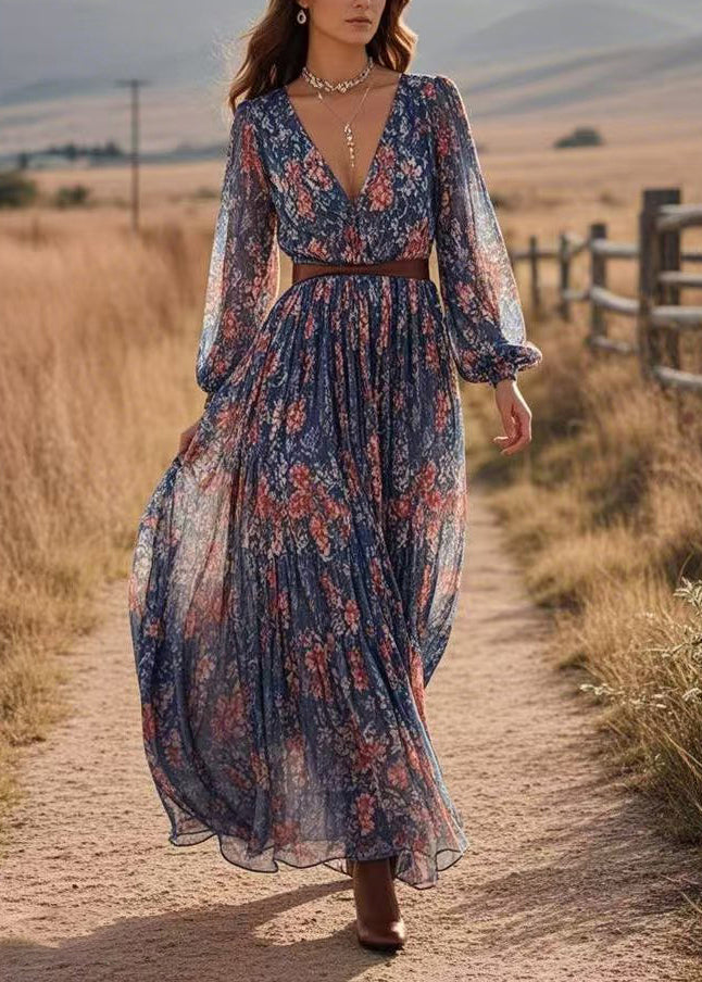 Art Navy Patchwork Tunic Chiffon Maxi Dresses Spring