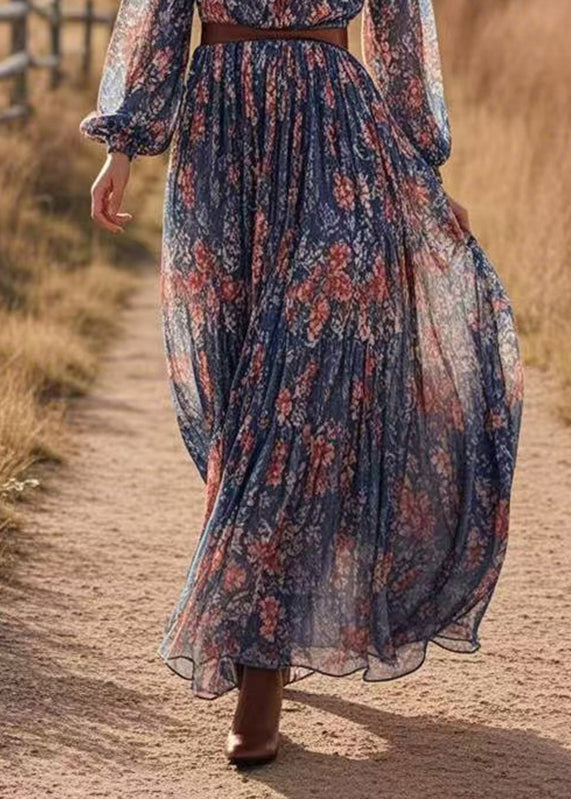 Art Navy Patchwork Tunic Chiffon Maxi Dresses Spring