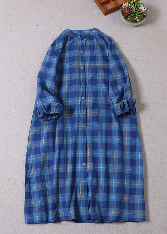 Art Navy Plaid Button Cotton Dress Long Sleeve