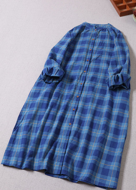 Art Navy Plaid Button Cotton Dress Long Sleeve