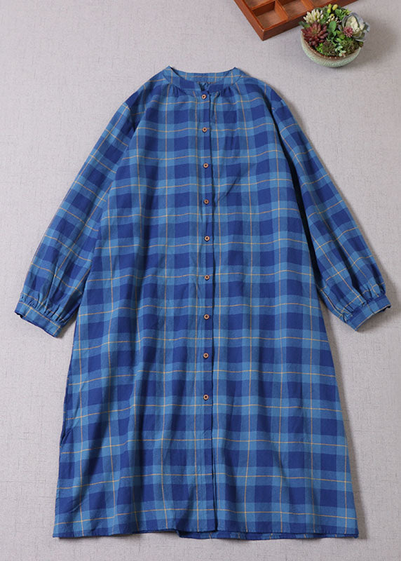 Art Navy Plaid Button Cotton Dress Long Sleeve