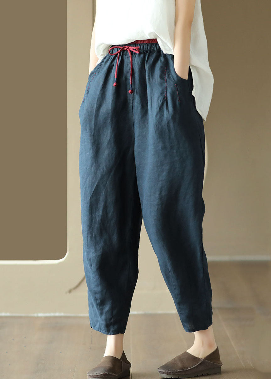 Art Navy Pockets Embroideried Patchwork Linen Pants Summer