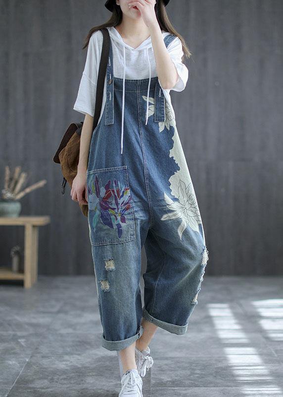 Art Navy Print Retro Hole Pockets Overall Jumpsuit Summer