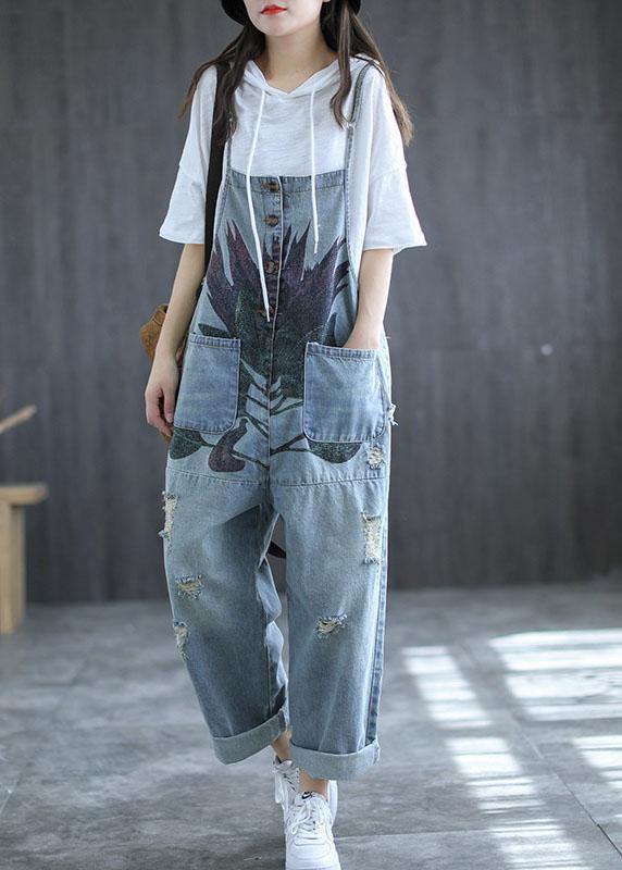 Art Navy Print Retro Hole Pockets Overall Jumpsuit Summer