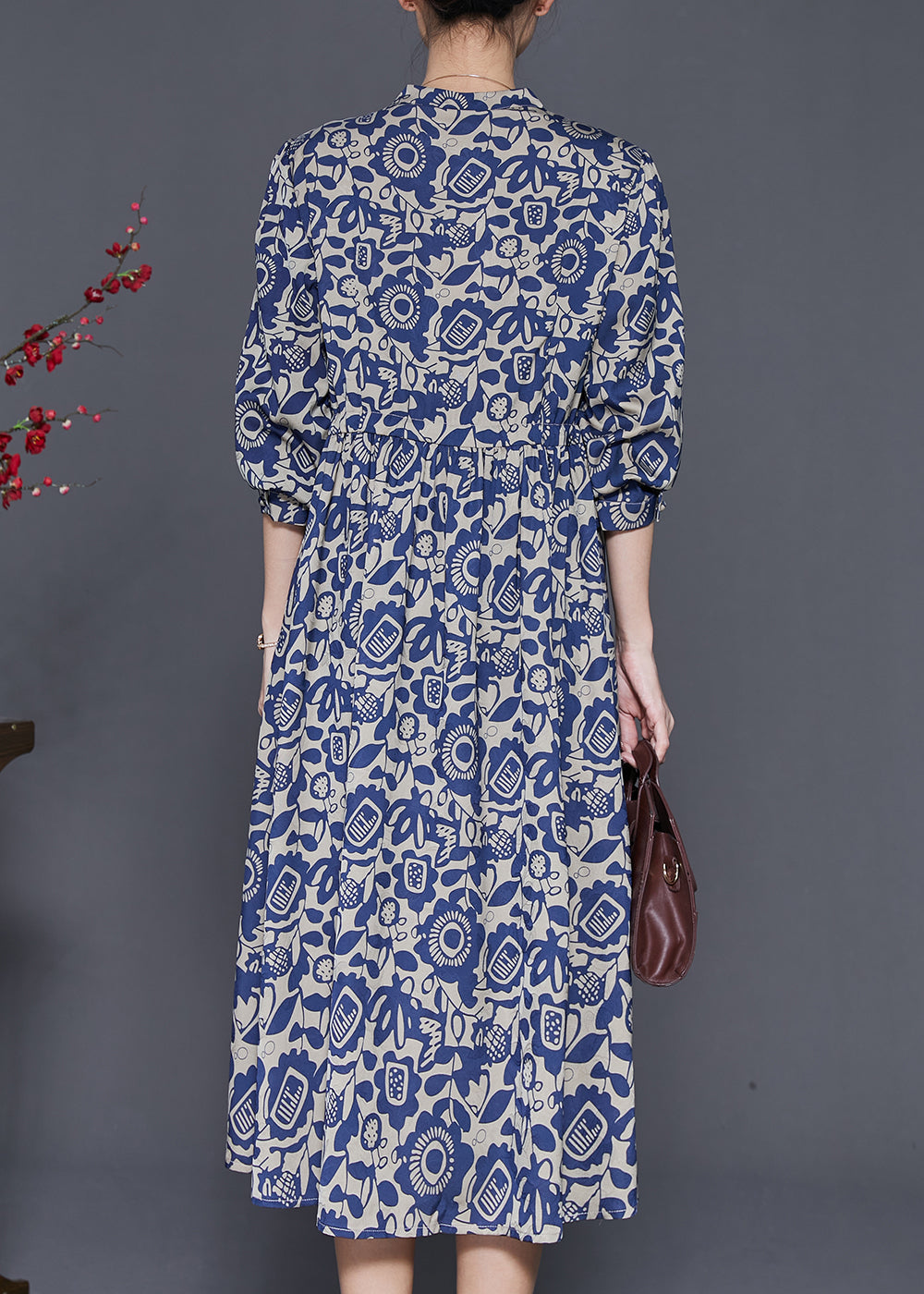 Art Navy Print Wrinkled Silk Shirt Dress Spring