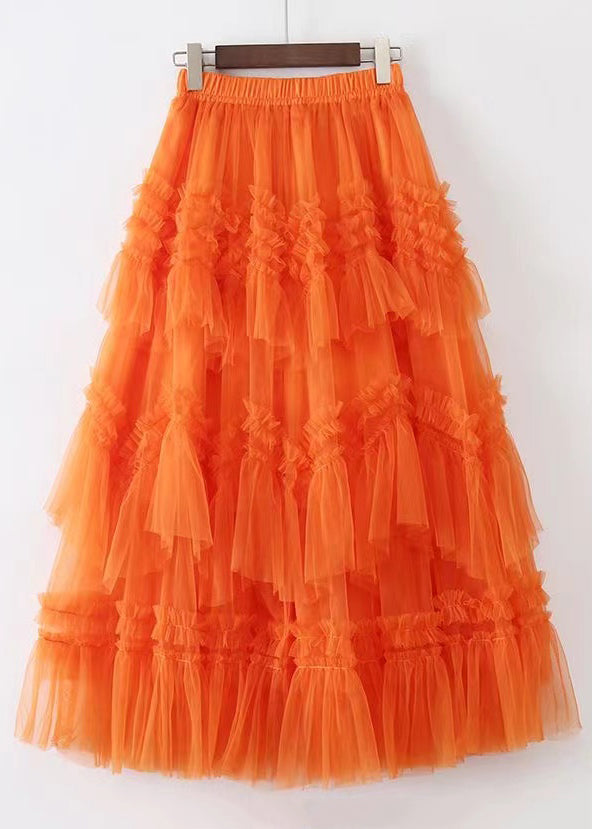 Art Orange Ruffled Elastic Waist Tulle Skirt Summer