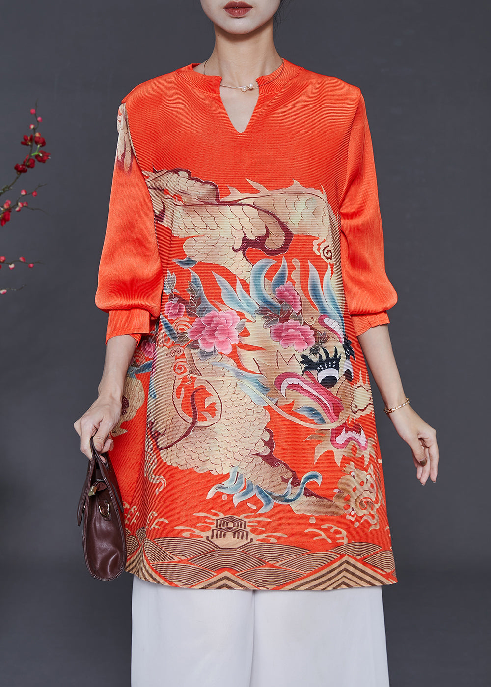 Art Orange V Neck Dragon Print Cotton Short Dress Spring