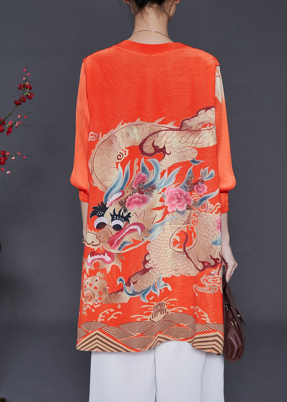 Art Orange V Neck Dragon Print Cotton Short Dress Spring