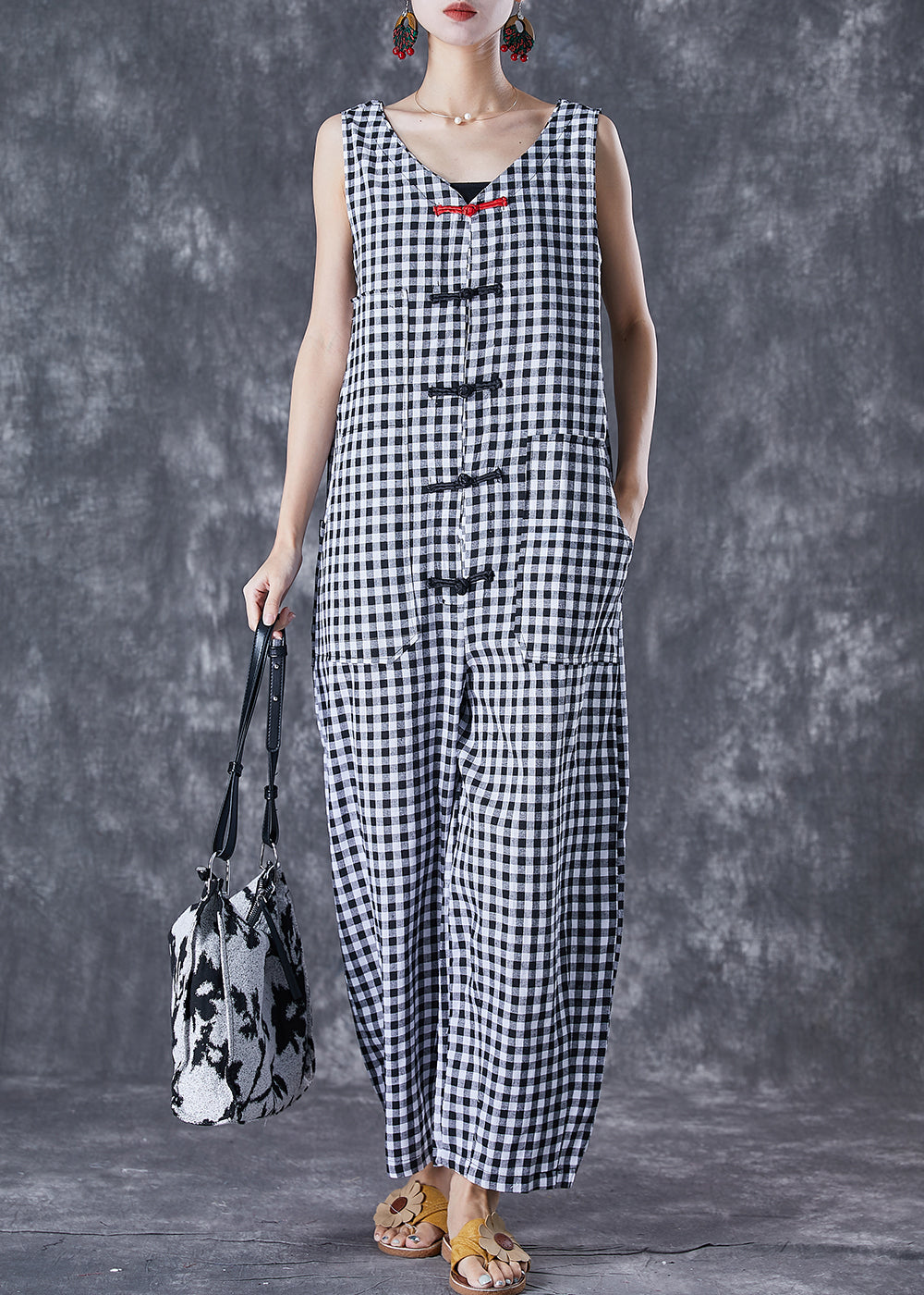 Art Oversized Plaid Chinese Button Linen Jumpsuit Summer