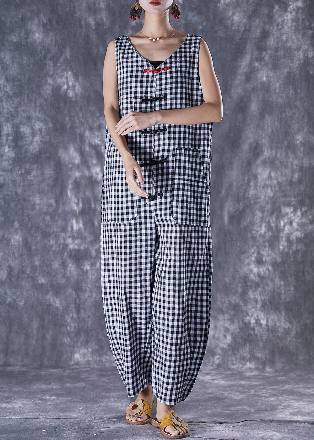 Art Oversized Plaid Chinese Button Linen Jumpsuit Summer