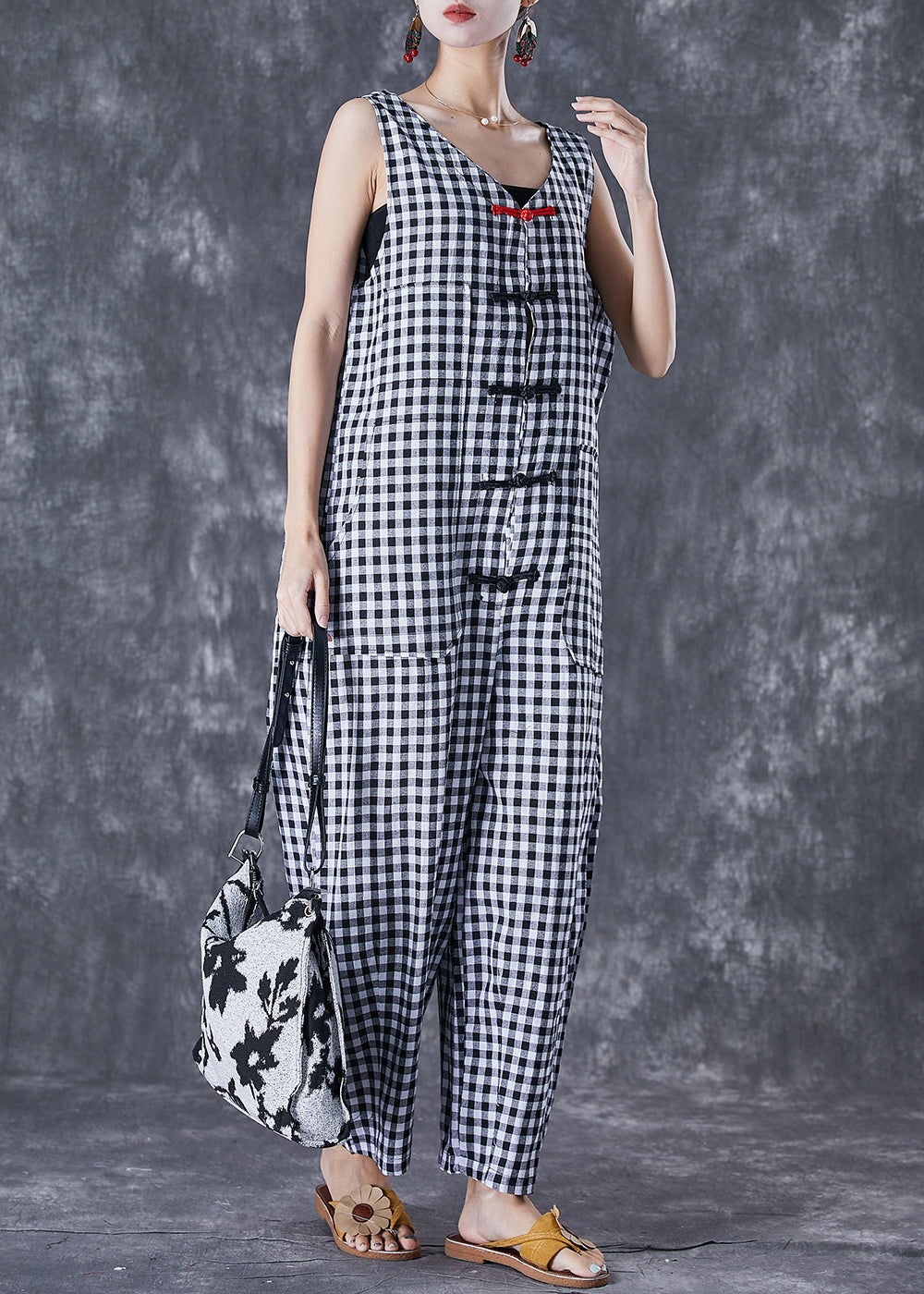 Art Oversized Plaid Chinese Button Linen Jumpsuit Summer