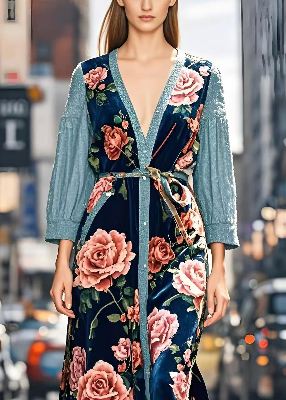 Art Peacock Blue Floral Patchwork Silk Velvet Long Dresses Spring