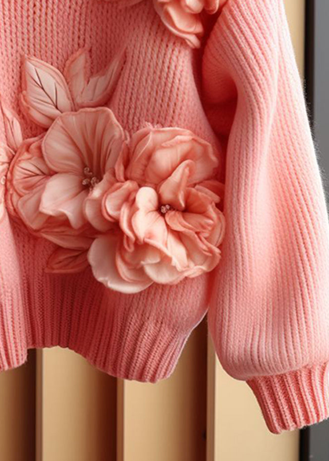 Art Pink Floral  Cozy Cotton Knit Sweaters Long Sleeve