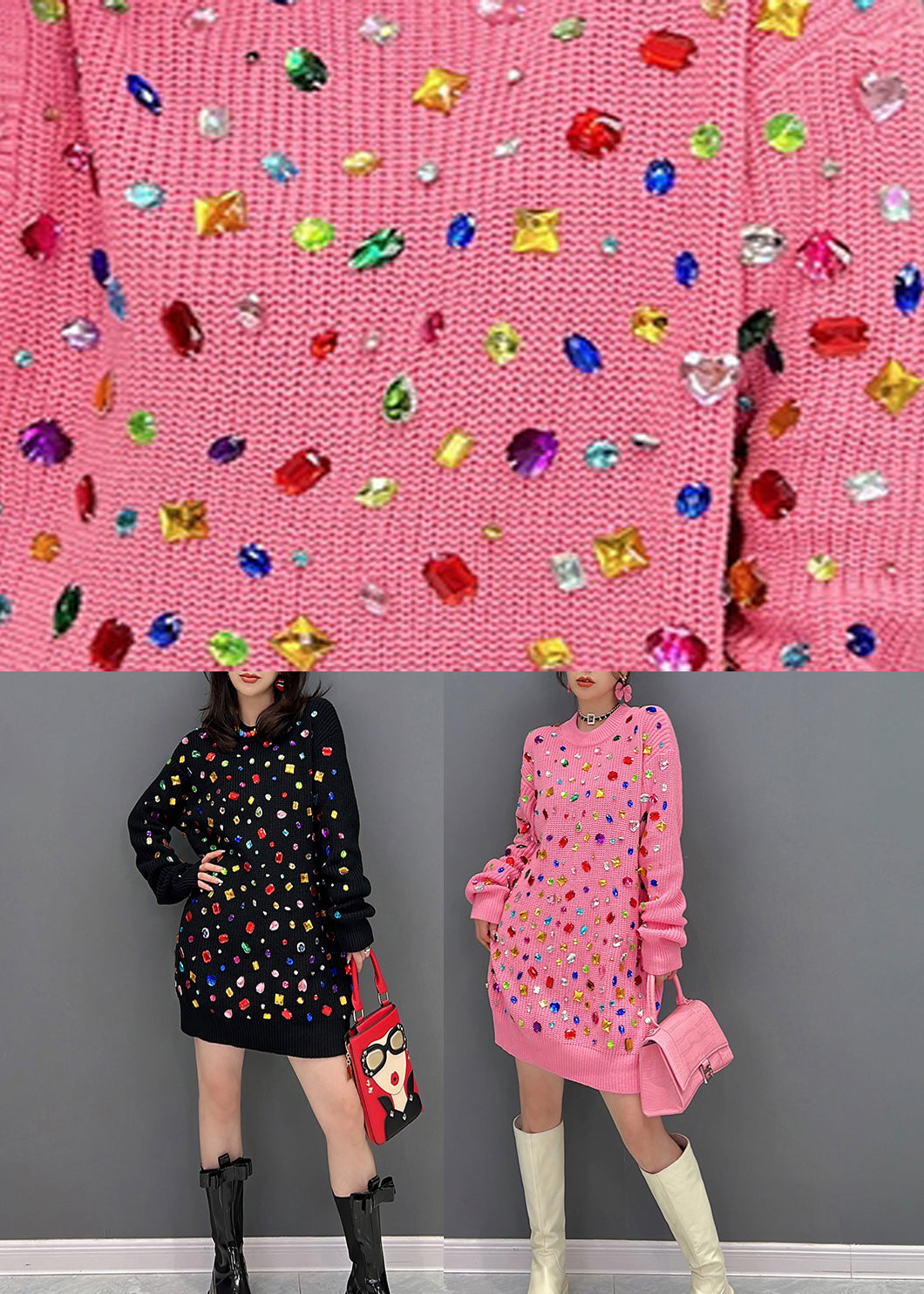 Art Pink O-Neck Bright Diamond Knit Mid Dress Winter