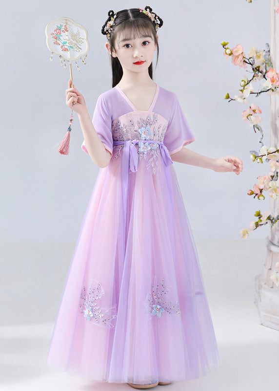 Art Purple Embroideried Tie Waist Tulle Kids Long Dresses Summer