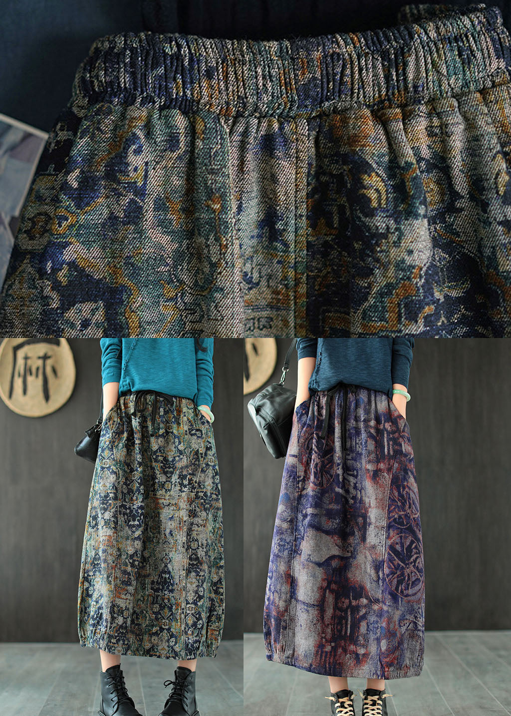 Art Purple High Waist Pockets Patchwork Print Linen Skirt Summer