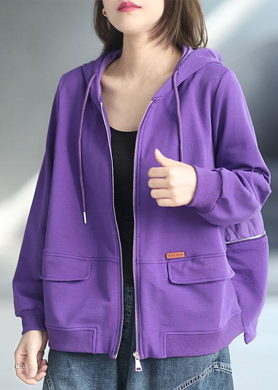 Art Purple Loose Zippered Pockets Fall Long Sleeve Hooded Coat