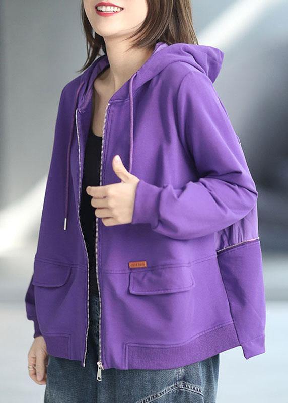 Art Purple Loose Zippered Pockets Fall Long Sleeve Hooded Coat