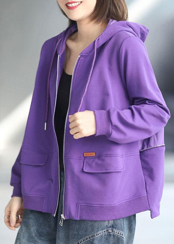 Art Purple Loose Zippered Pockets Fall Long Sleeve Hooded Coat