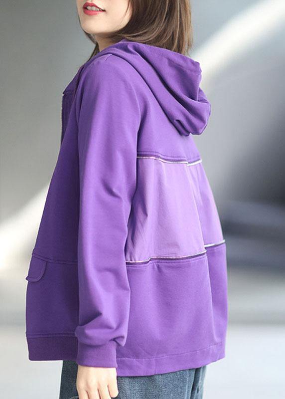 Art Purple Loose Zippered Pockets Fall Long Sleeve Hooded Coat