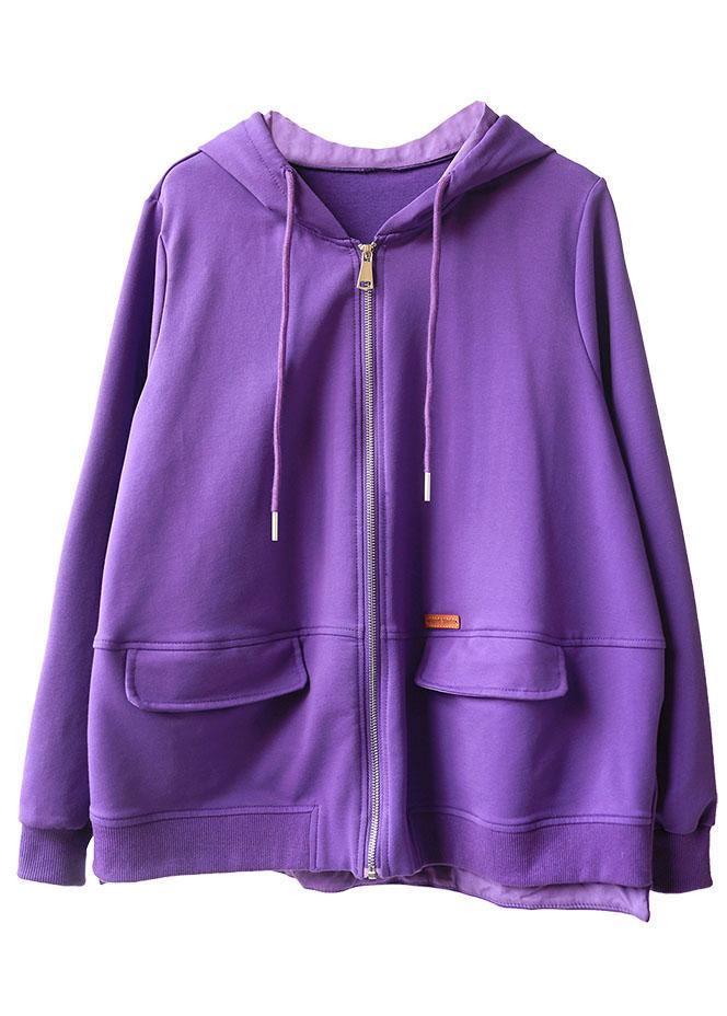 Art Purple Loose Zippered Pockets Fall Long Sleeve Hooded Coat