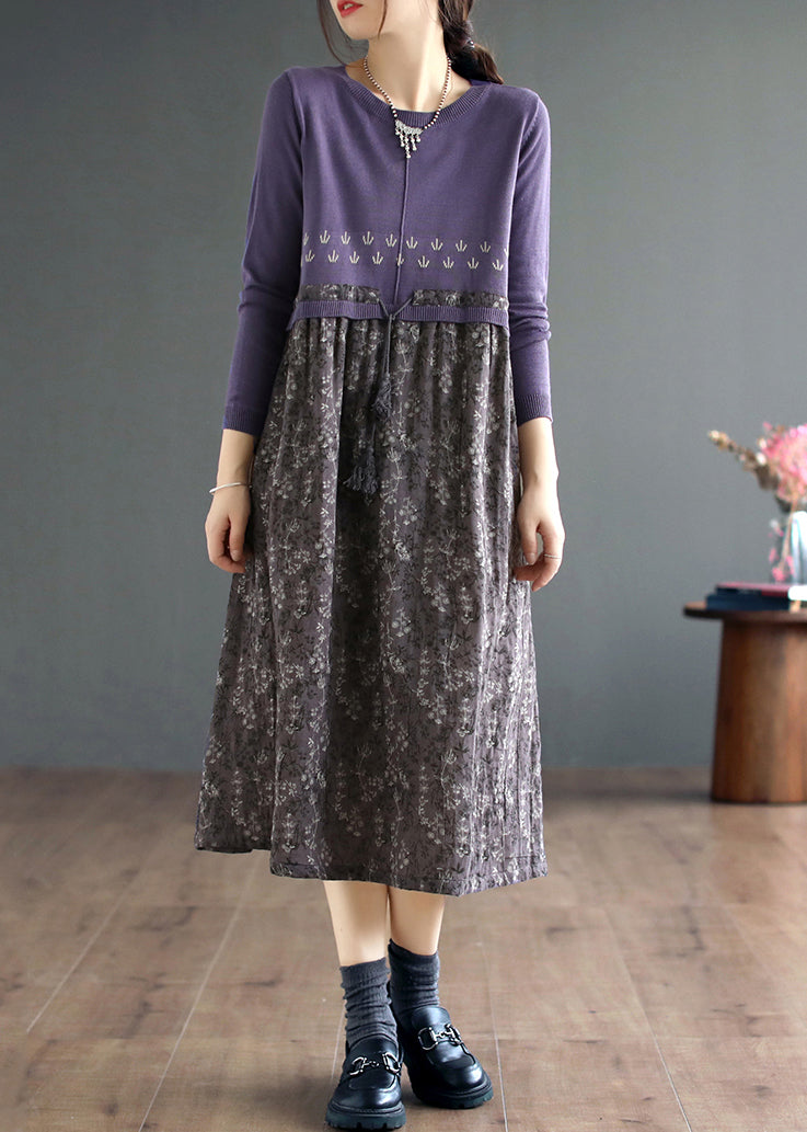 Art Purple Print Lace Up Patchwork Knitting Long Dress Fall