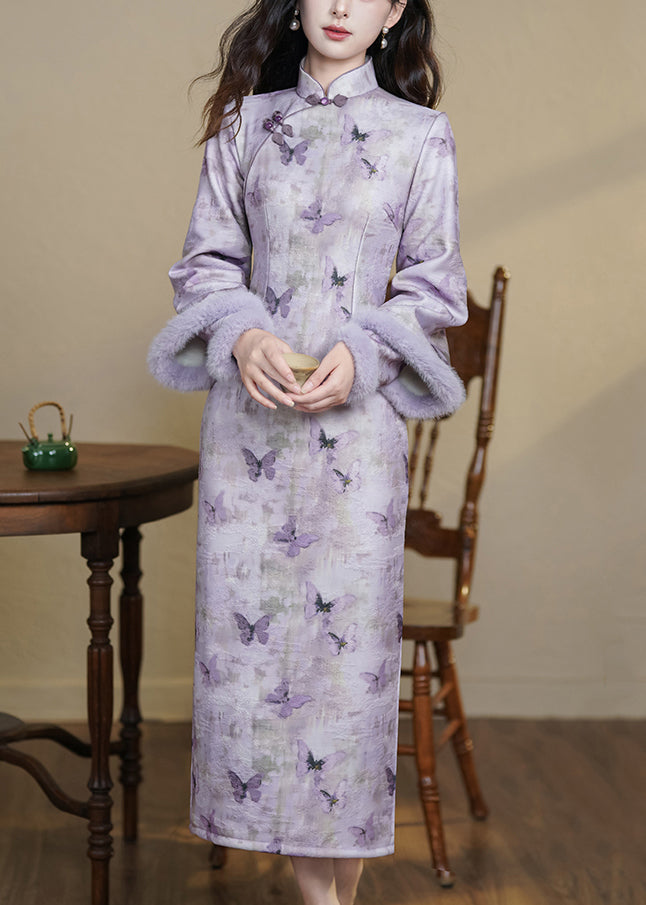 Art Purple Stand Collar Butterfly Side Open Warm Fleece Long Dresses Winter