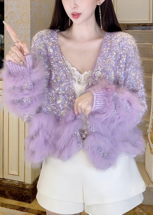 Art Purple V Neck Fluffy Patchwork Knit Coats Spring