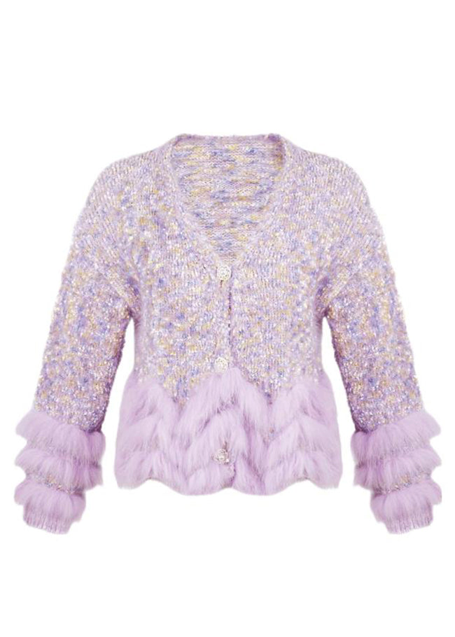 Art Purple V Neck Fluffy Patchwork Knit Coats Spring