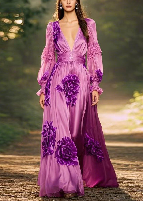 Art Purple V Neck Print Chiffon Maxi Dresses Butterfly Sleeve