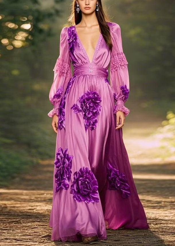 Art Purple V Neck Print Chiffon Maxi Dresses Butterfly Sleeve