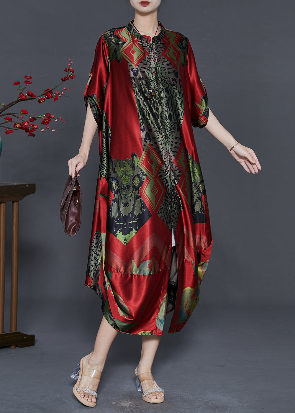 Art Red Oversized Print Silk Party Dress Fall