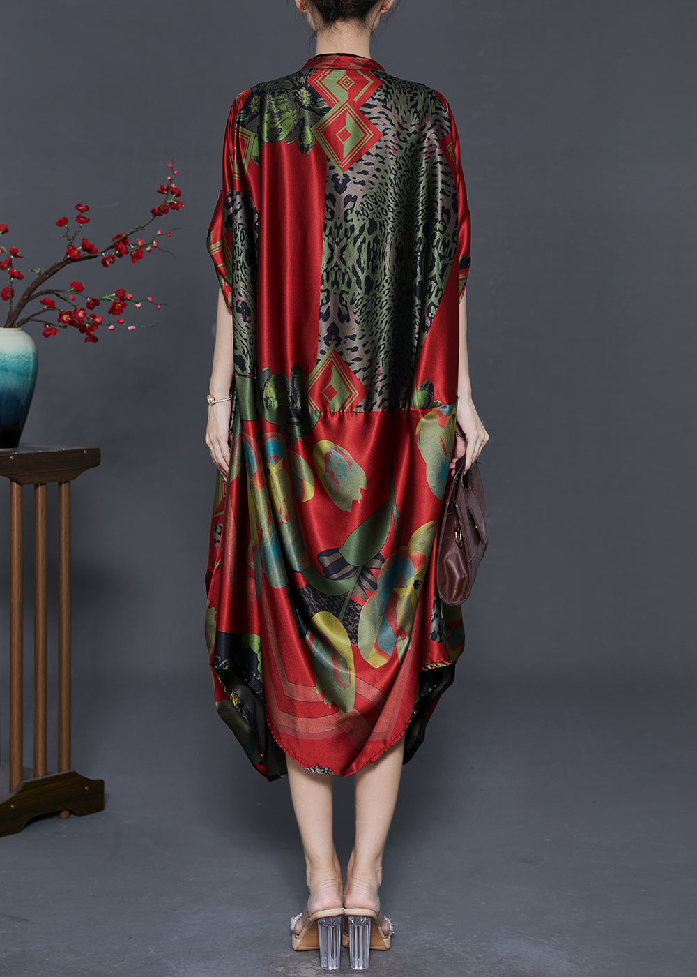 Art Red Oversized Print Silk Party Dress Fall