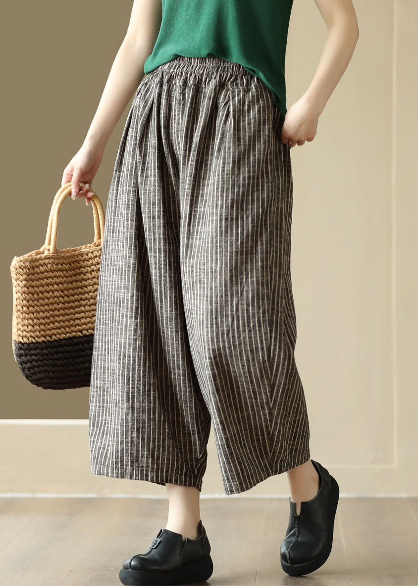 Art Striped Pockets Elastic Waist Patchwork Linen Pants Summer